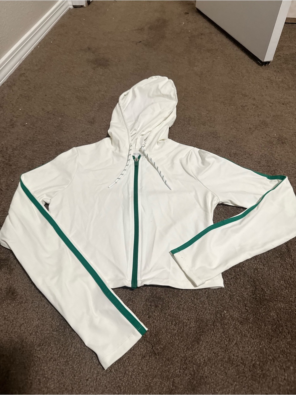 Forever 21 White Hooded Zip Jacket with Green Trim